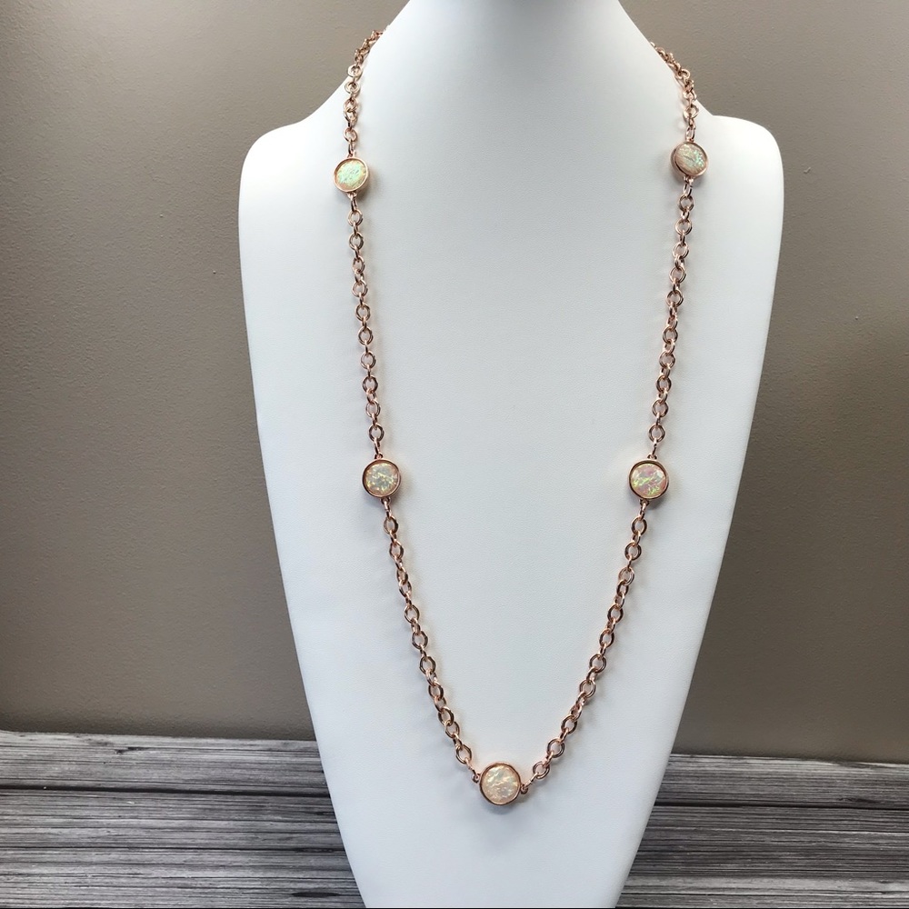 Long Pink faux opal rose gold necklace
